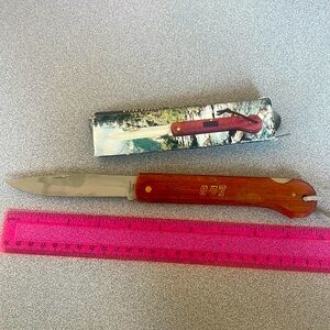 Classic 007 Folding Back Hunting Knife Wooden Handle Stainless Steel 10”